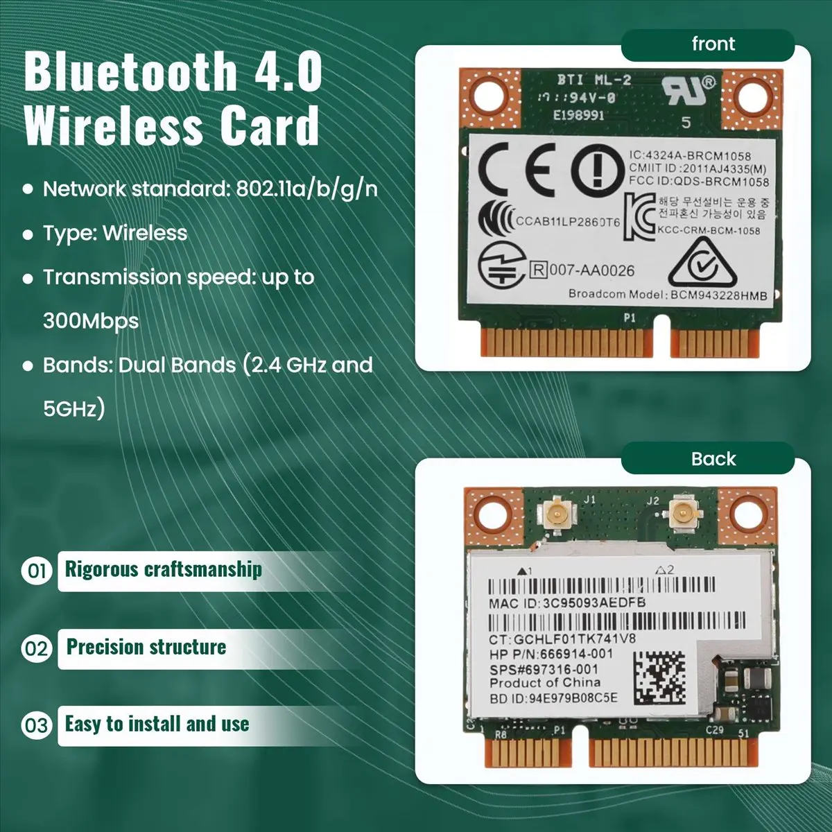 Cmpt And Acce Store Offer PC Accessories Dual Band 2.4+5G Half Pci-E Card For Hp Bcm943228Hmb Sps 718451-001