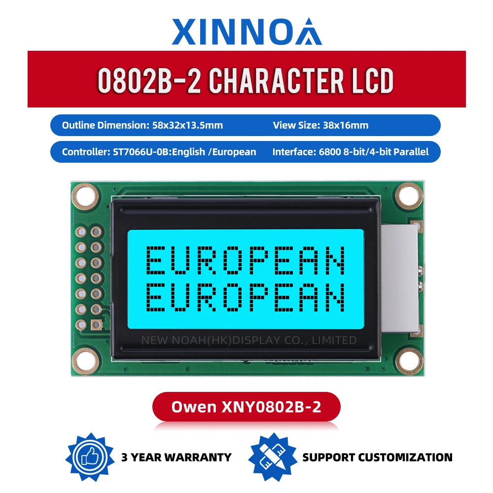 European Ice Blue Film Black Letters 0802B-2 Character LCD Module 02X08 14 PIN 58X32Mm Three Year Warranty LCM Display Module