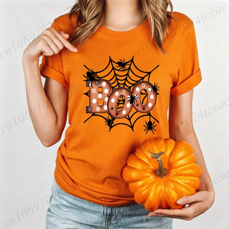T-shirt pour femme avec imprimé araignée et citrouille, style hipster, vintage, graphique sorcière Halloween, hauts pour la saison effrayante