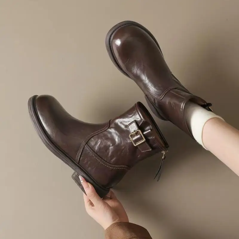 Damen Vintage Leder Stiefeletten Flache Ankle Boots Reißverschluss Hinten Schnalle Runde Spitze Bequeme Herbst Wanderschuhe Kurze Stiefel Weich Niedriger Absatz Retro Schnallenstiefel Freizeit – Detail 8