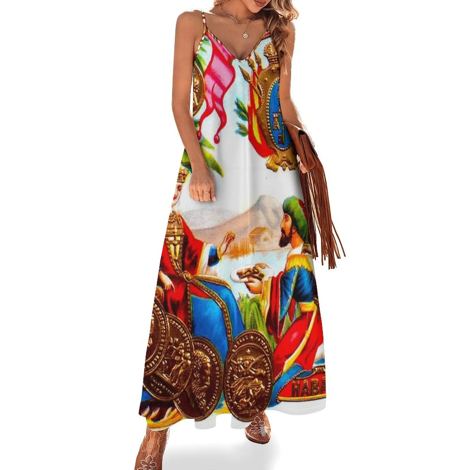 

CUBA : Vintage Habana Cigar Advertising Print Sleeveless Long Dress prom clothes Woman fashion Dress