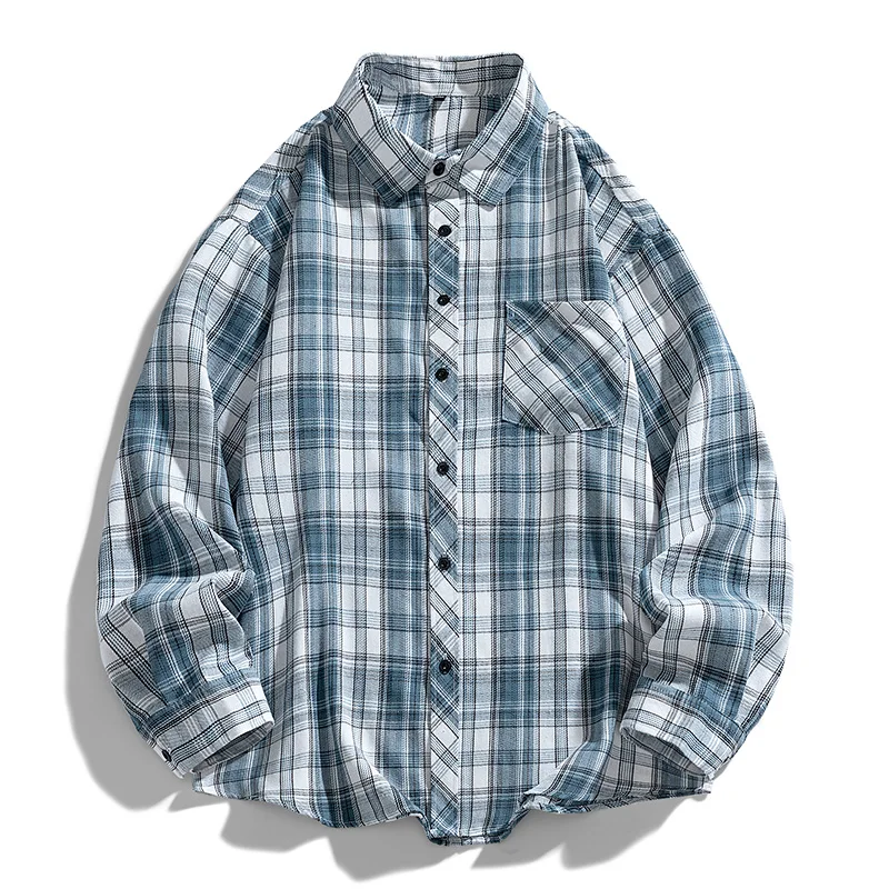 Retro Plaid Shirt Cotton Comfortable Casual Long Sleeve Button Down Blouse Male Fashion Streetwear Top Blouse Office Work Male