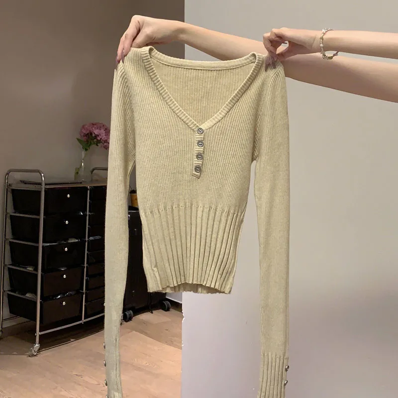 여성 의류 니트 스웨터 여성 풀오버 신상 슬림 블랙 긴팔 브이넥 니트 스웨터 풀오버 여성 상의 스웨터 Q2562