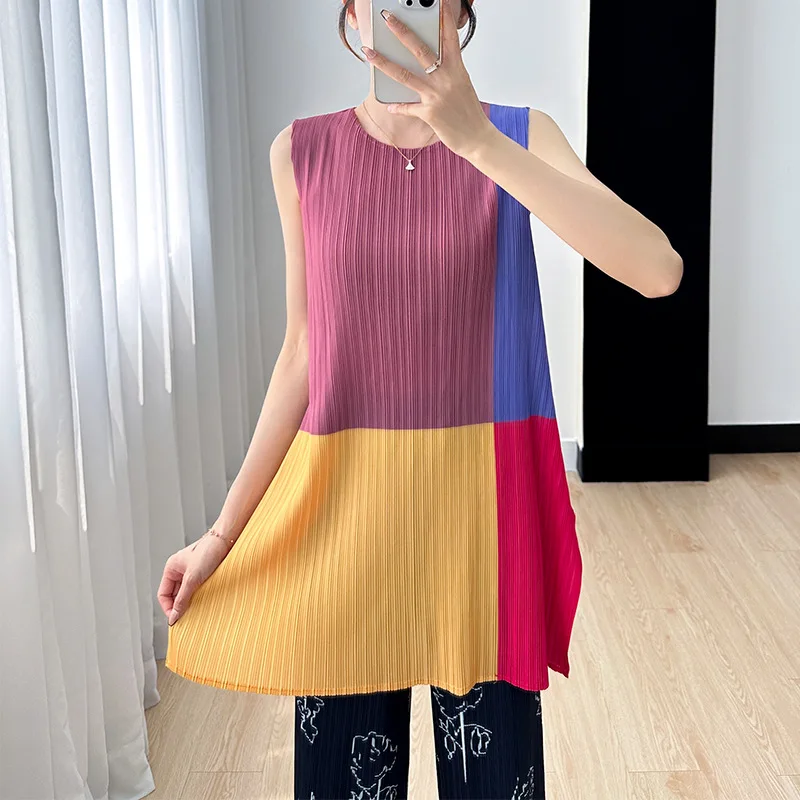 

Miyake Hiroshi Age-reducing Color-Block Vest Top Loose Pleated T-shirt Women's Mid-Length Design Sense Small Shirt 2023 Summer