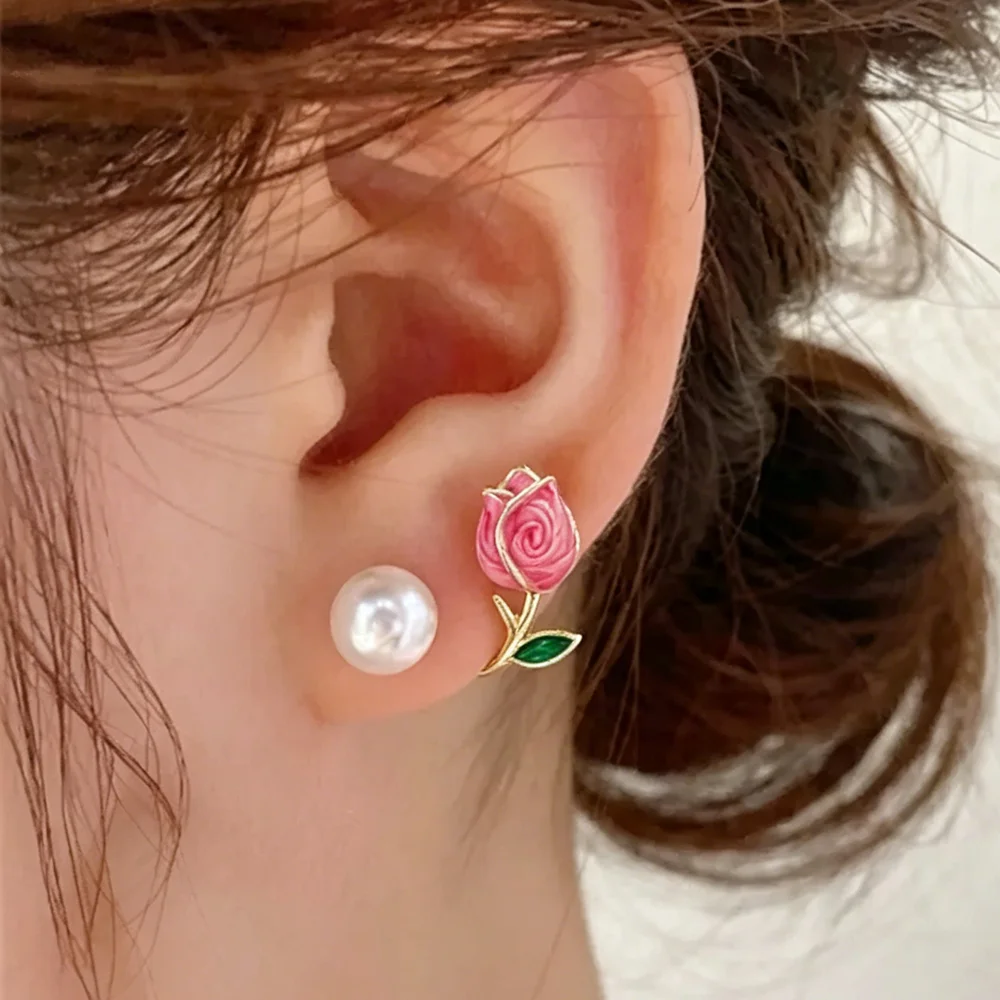 Women Girls Korean Light Luxury Pink Tulip Imitation Pearl Stud Earrings Two Ways To Wear Daily Party Present Gift