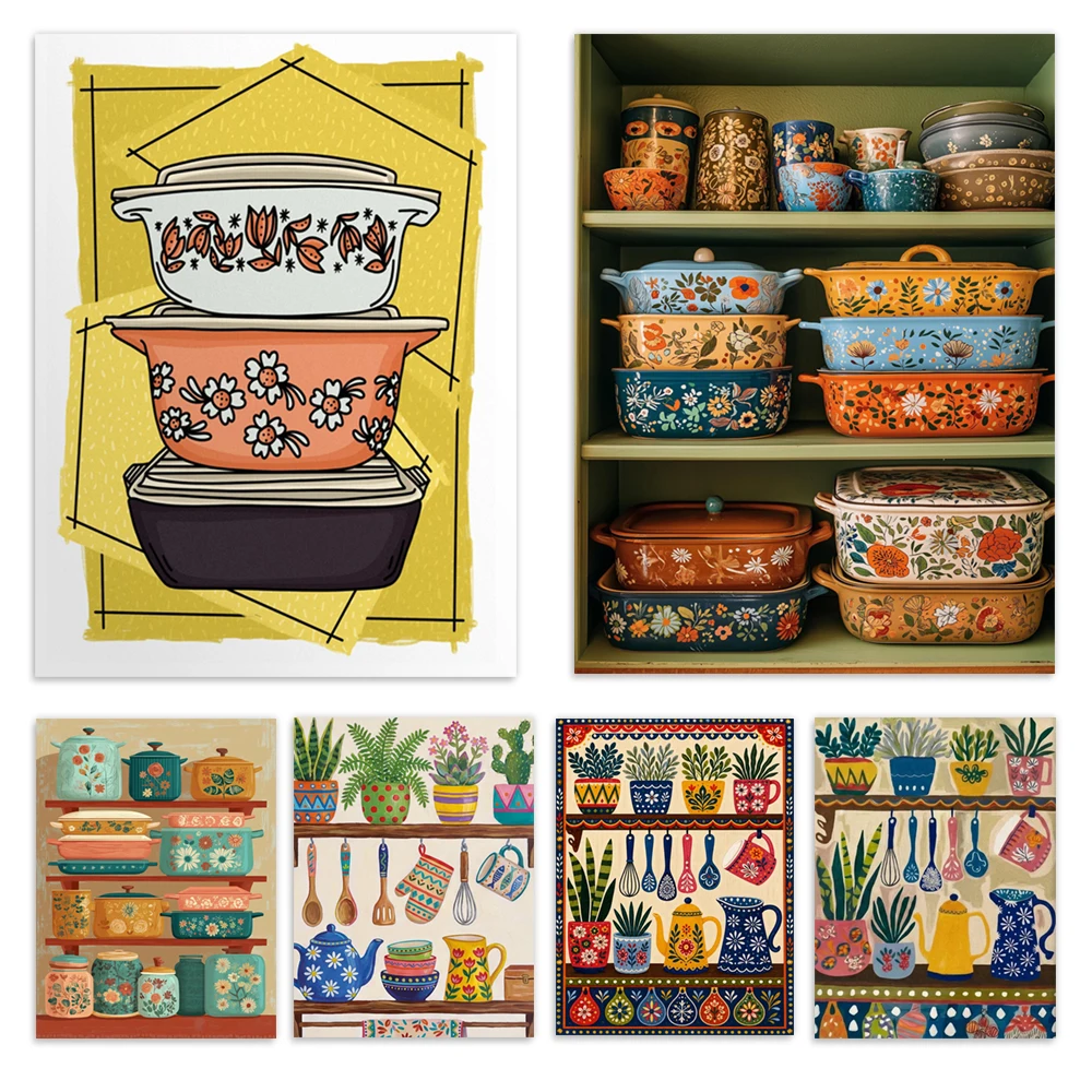 Talavera pottery kitchen still life print, folk kitchen shelf, vintage floral kitchen decoration, medieval kitchenware poster
