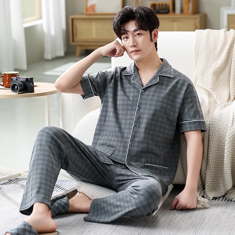 

Fashion Summer Men Pajamas Home Clothing Short Sleeve Long Pants Pyjamas Sleepwear Male Cotton Knited Sleep Lounge M-4XL Size