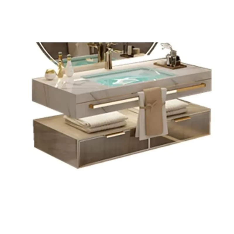

Light Luxury Solid Wood Stone Plate Seamless Basin Bathroom Cabinet Combination Smart Washbasin Wash Basin Double Basin Bathroom