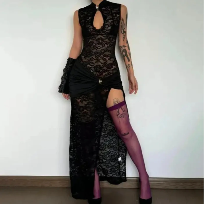 Summer American Sexy Fashionable Low-cut Hollow-out Lace High Slit Splicing Pleated Slim Fit Hip Hugging Sleeveless Dress Women