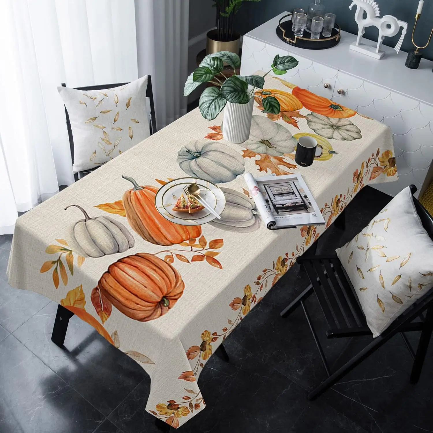 Autumn Pumpkins Waterproof Tablecloth for Table Home Decor Washable Fall Maple Leaves Table Cloth Thanksgiving Party Decorations