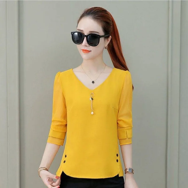 Women Spring Autumn Style Chiffon Blouses Shirts Lady Casual Long Sleeve V-Neck Blusas Tops DF1963