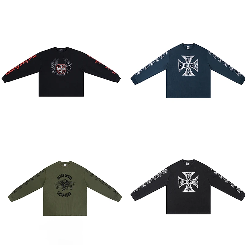 West Coast Choppers Waffle Long Sleeve T-Shirt Men 2026 Spring/Autumn American High Street Loose Fit Casual Base Layer Top