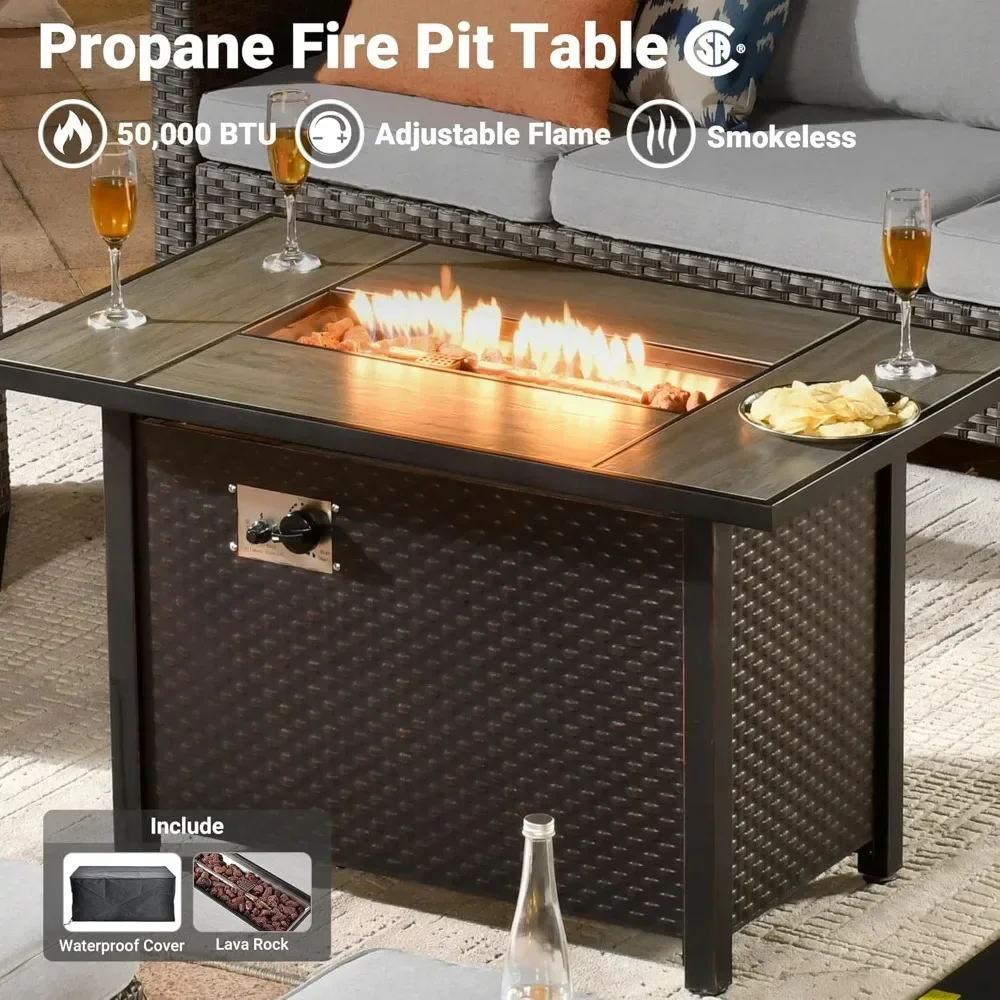 6 Pcs Patio Furniture Set with Fire Pit Table, Outdoor Wicker 3-Seat Sofa with Comfy Cushion, High Back Rattan Conversation Set image 5