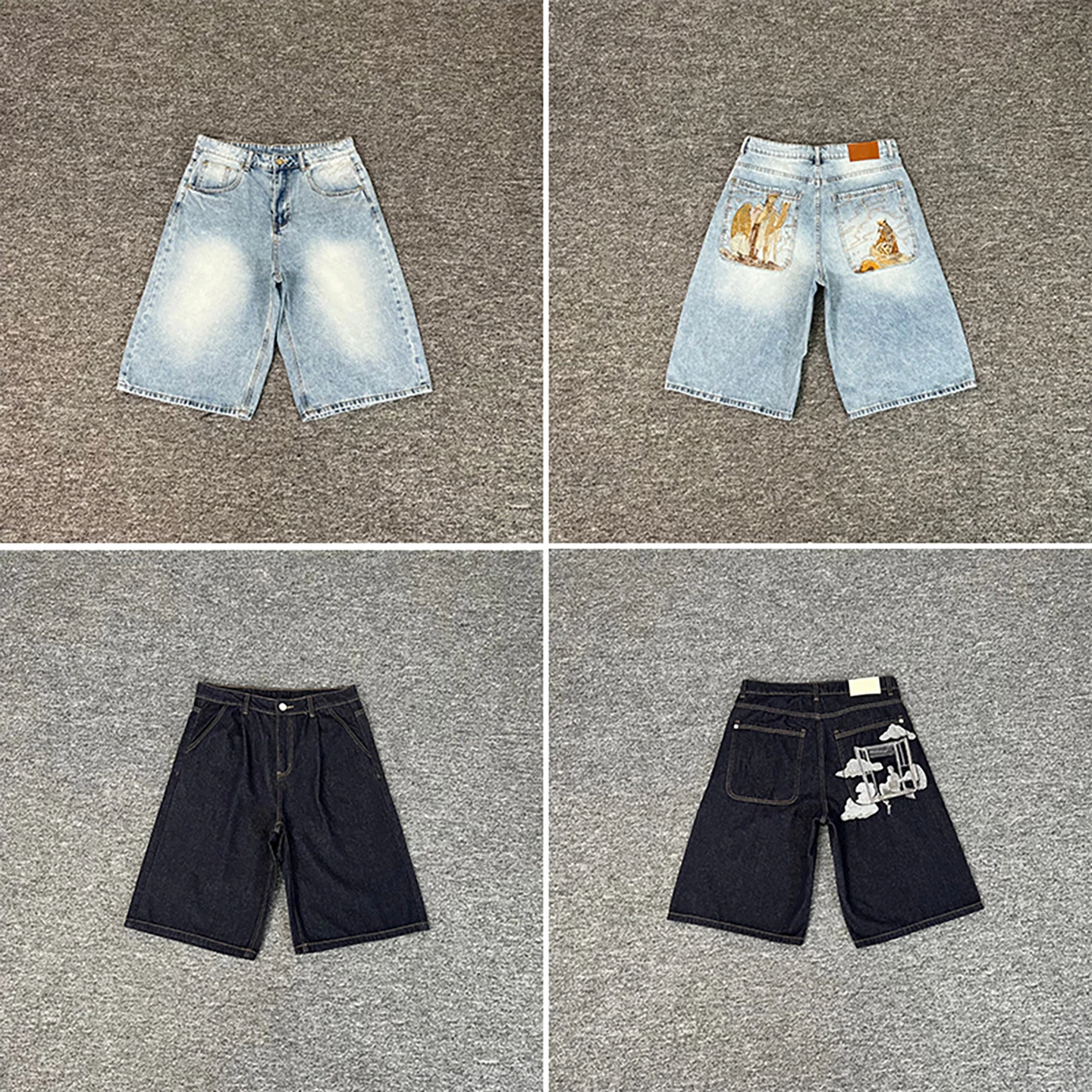 

Summer Heavyweight High Street Retro Cartoon Embroidered Jeans Loose Casual Straight Leg Shorts for Men And Women