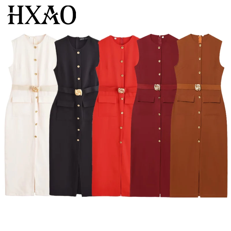 HXAO 2025 Black Dress Women's Dress Summer Elegant Casual Slim Holiday Dress O-Neck Sleeveless Button Up Belt Long Vestidos 066