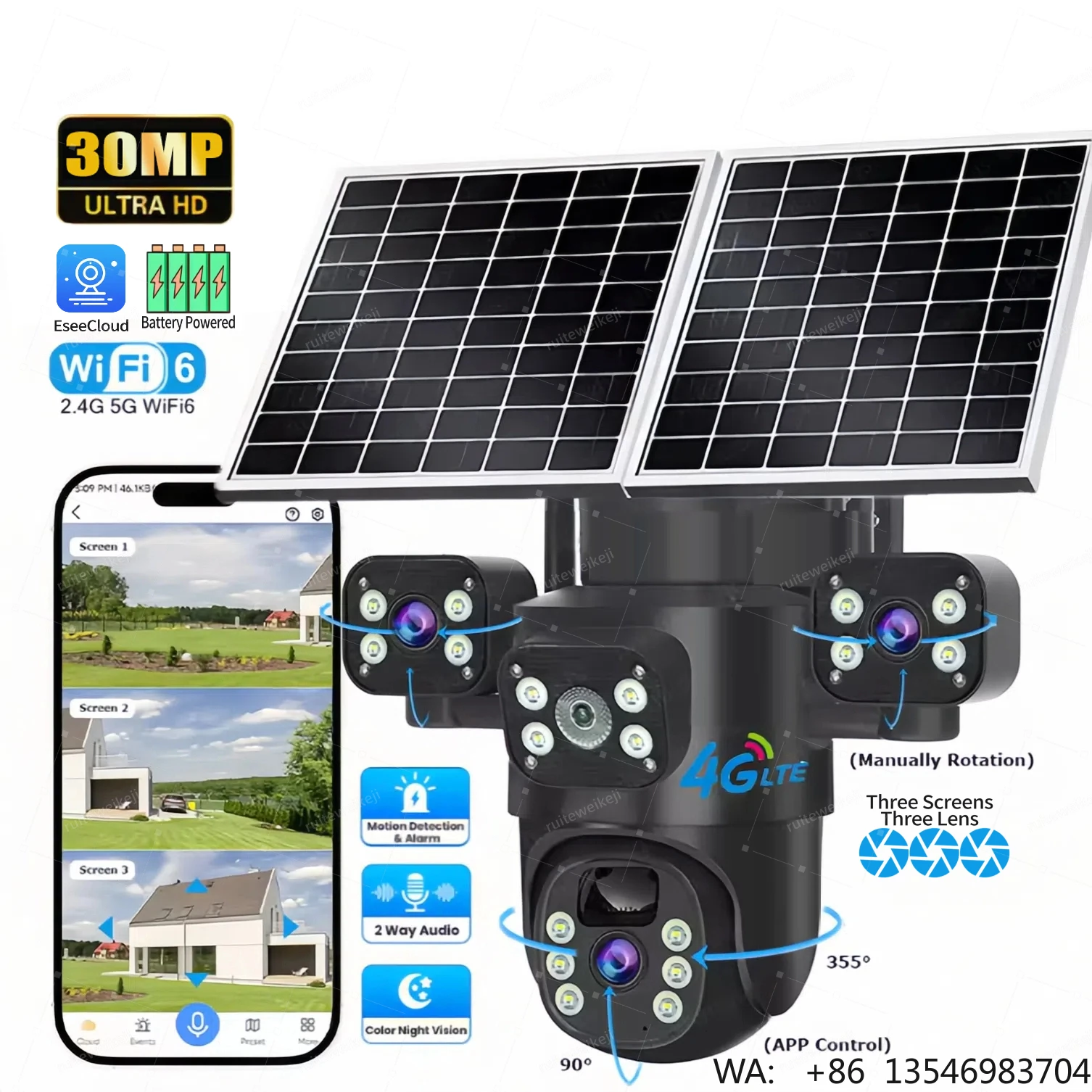 

24 Hours Working AOV Real 4Lens 30MP 10K Outdoor HD 360 CCTV IP Wifi Wireless PTZ 4G Solar Surveillance Security Cameras