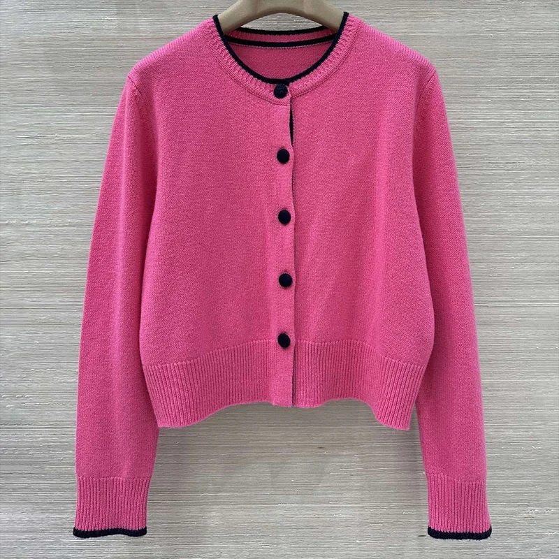 

High-quality women's border-stripped patchwork round-neck button-down cardigan soft cashmere sweater 2582528