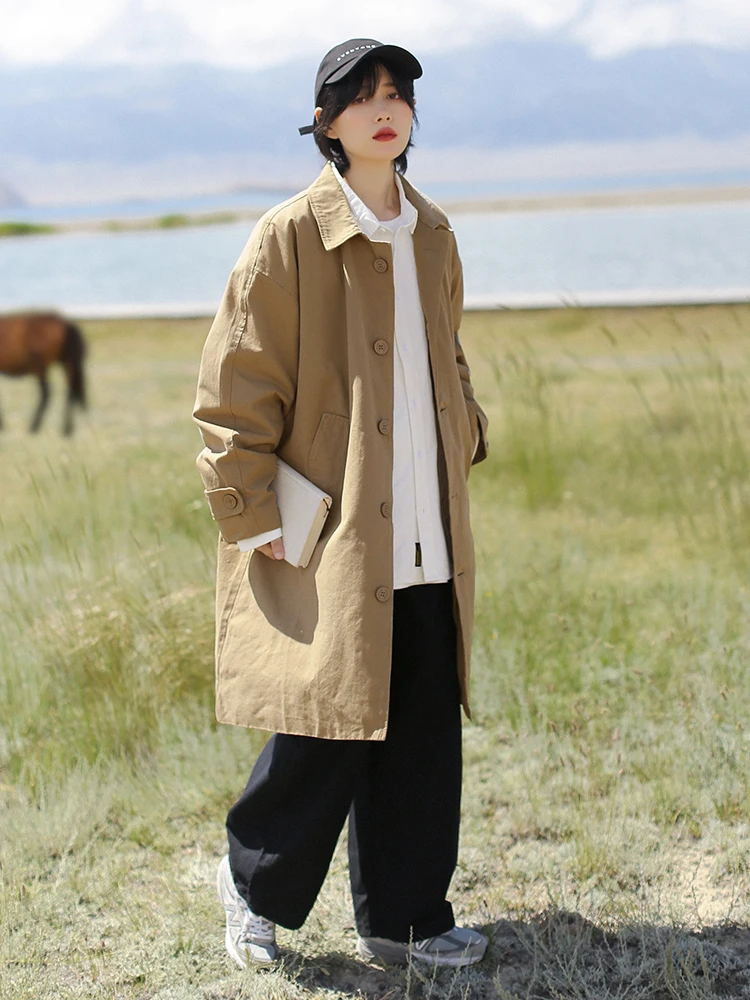Street Style Long Casual Outdoor Coat Unisex Pure Color Loose Workwear Vintage Women's Windbreaker Coat Straight Tube Shape