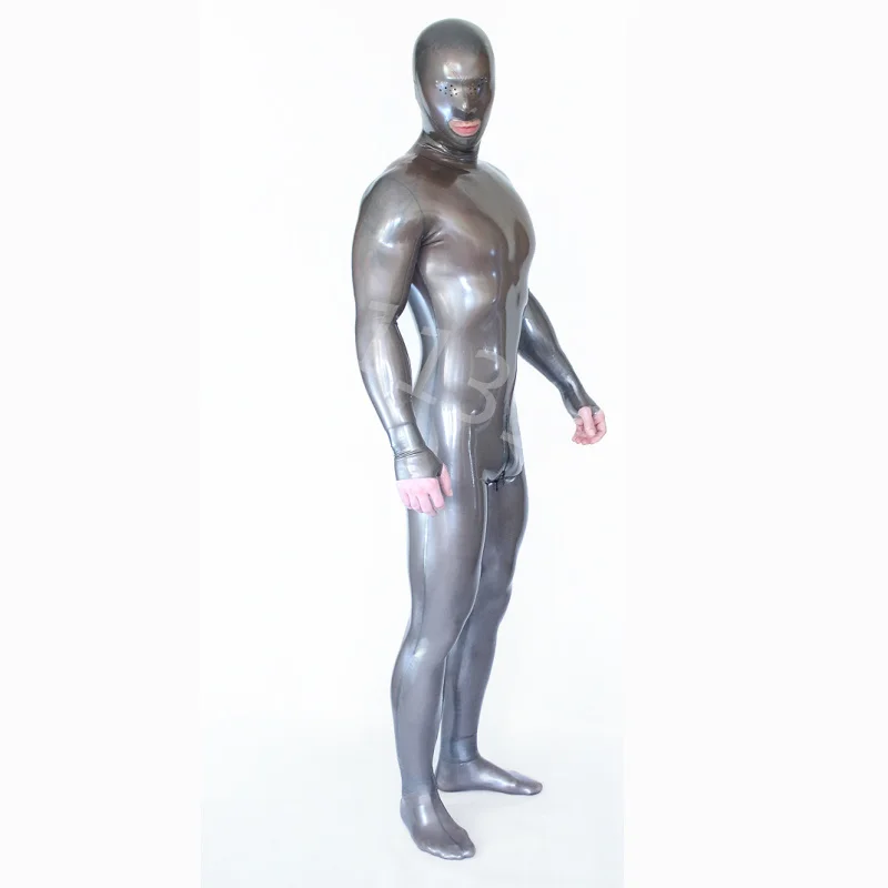 Sexy Silver Men\'s Latex Full Body Catsuit Hood Gloves Socks Open Mesh Eyes with Crotch Zipper Latex Bodysuit Neck Entry