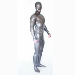 Sexy Silver Men's Latex Full Body Catsuit Hood Gloves Socks Open Mesh Eyes with Crotch Zipper Latex Bodysuit Neck Entry