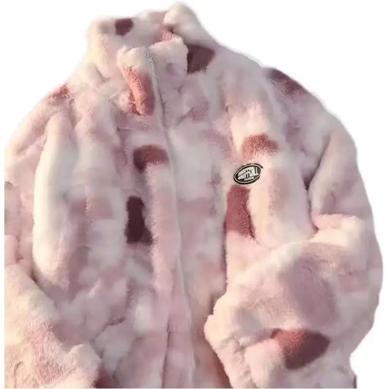 2025 Jarní dívčí svrchní oblečení na zip, teplé plyšové bundy Harajuku, volný dámský modrý kabát, dámská fleecová bunda s batikovaným vzorem - náhled 6