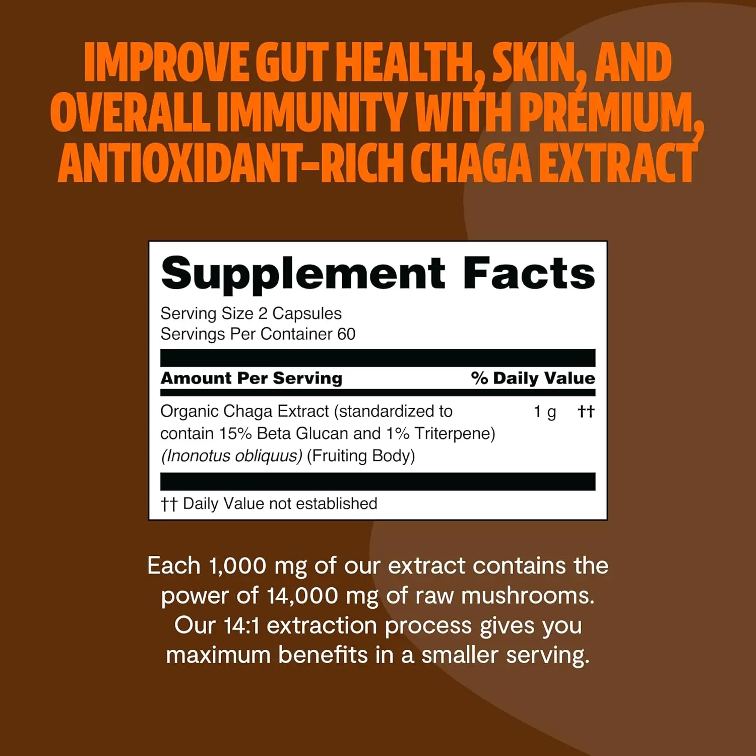 Mushrooms Premium Organic Chaga Supplement - Support & Immune Health, Improve Memory, Protect Brain Nerves, Relieve Stress
