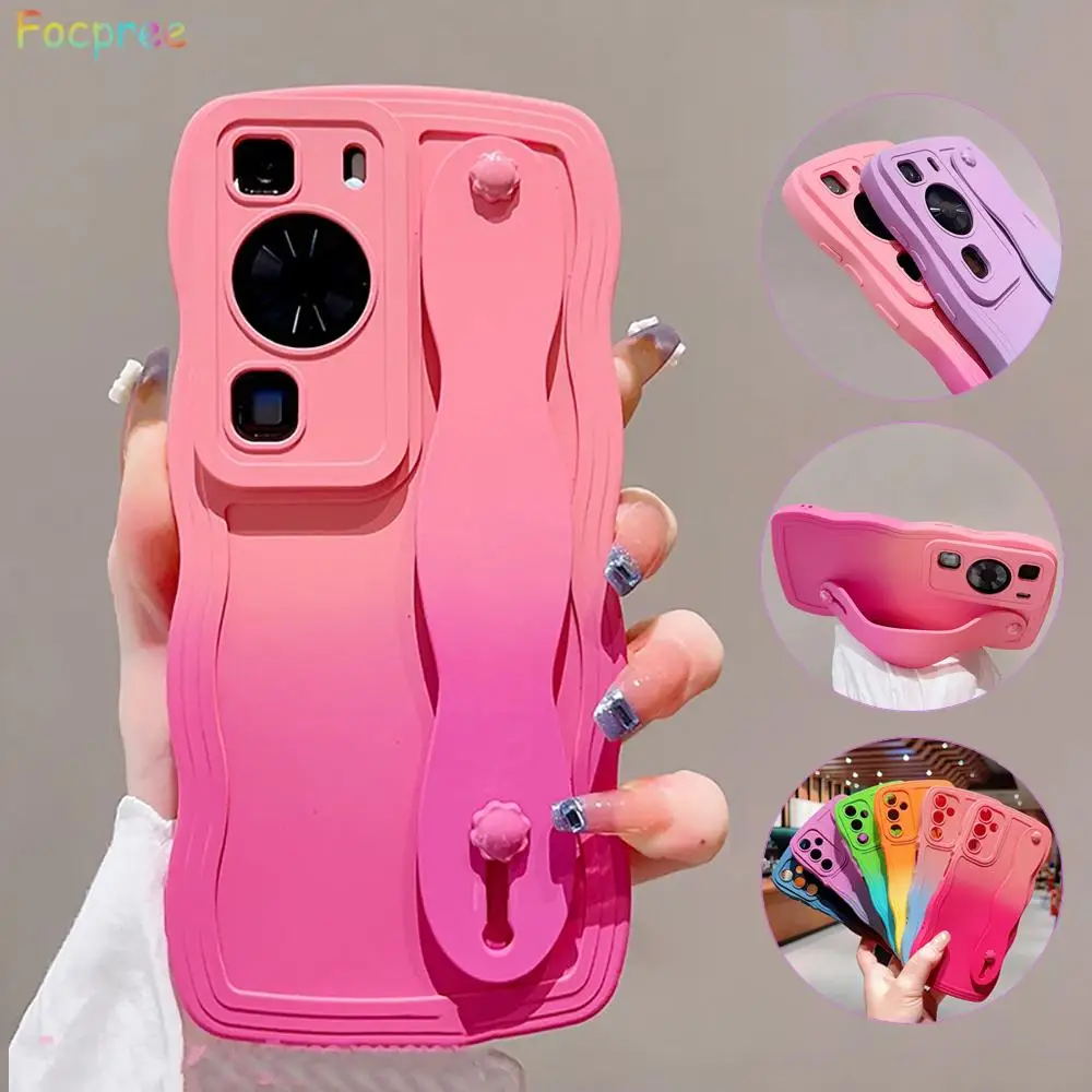 

Fashion Luxury Gradient Wavy Edge Wrist Strap Phone Case For Huawei P60 P50 P40 30 Pro ART Mate 50 40 30 Pro Bumper Soft Cover