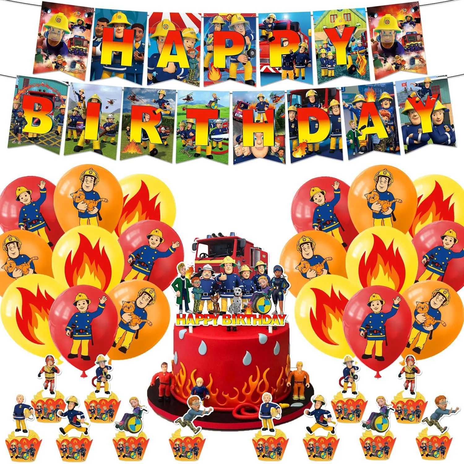 Fireman Sam Party Supplies DIY Balloon Birthday Party Decoration Banner Latex Balloon Decoration Cake Supplies Invitation Card