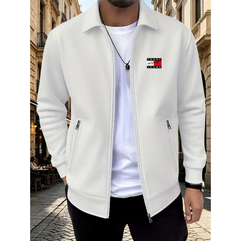 Men Milano Italy Business Casual Jacket Lapel Full Zip Coat Textured Waffle Fabric Zipper Pockets Long Sleeve Commute Outerwear