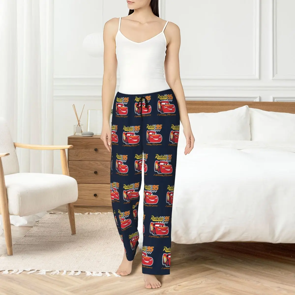 

Custom Women's Lightning McQueen Pajama Pants Print fictional stock car Sleep Sleepwear Bottoms with Pockets