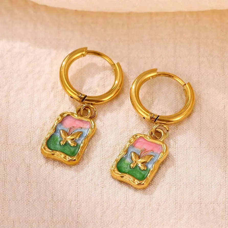 Vintage Colorful Drop Oil Butterfly Hoop Earrings for Women Stainless Steel Square Pendant Dangle Earring Christmas Jewelry Gift