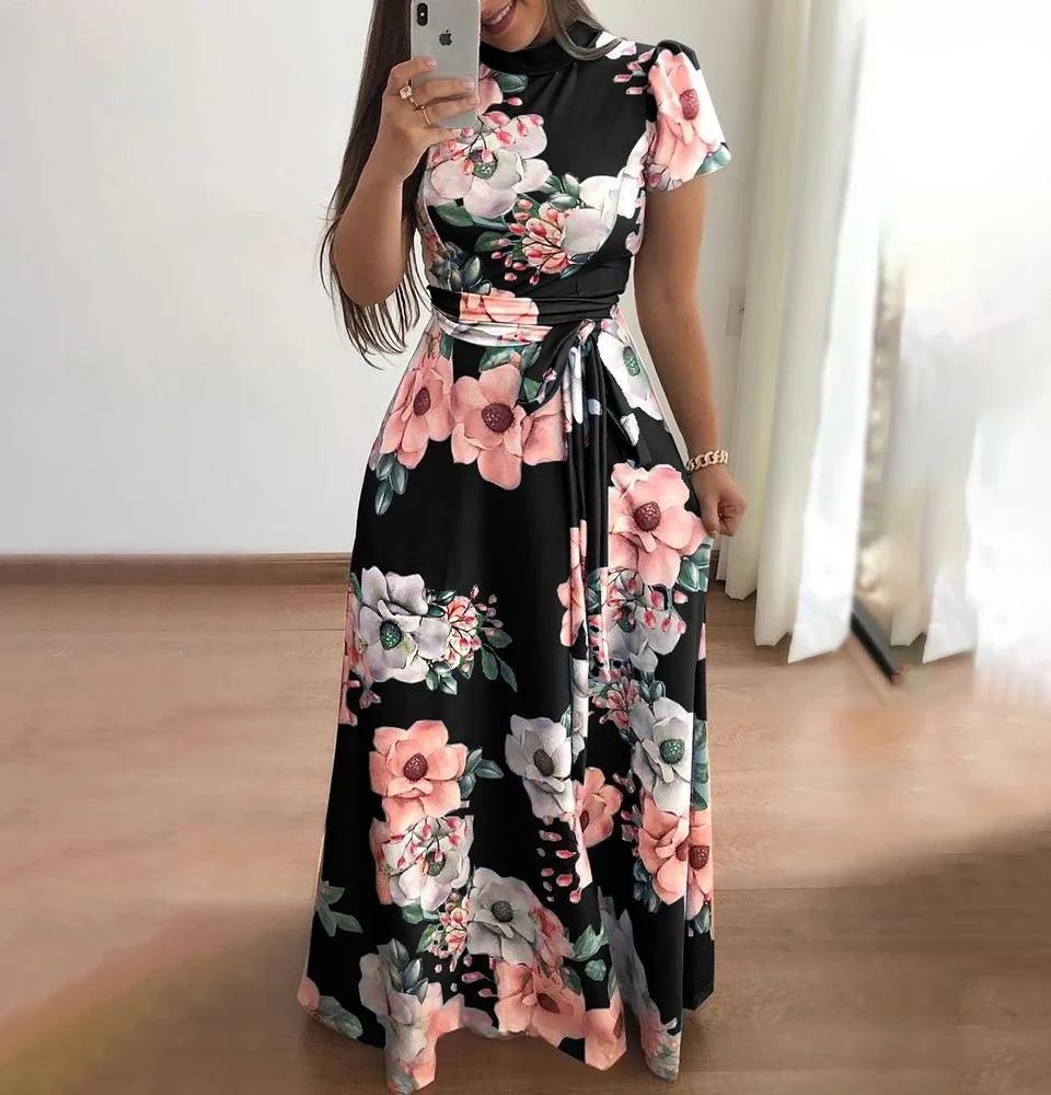 여성용 플로럴 프린트 여름 드레스 새로운 보헤미안 A라인 스윙 드레스 짧은 소매 하이웨이스트 플로우 맥시 드레스 비치용