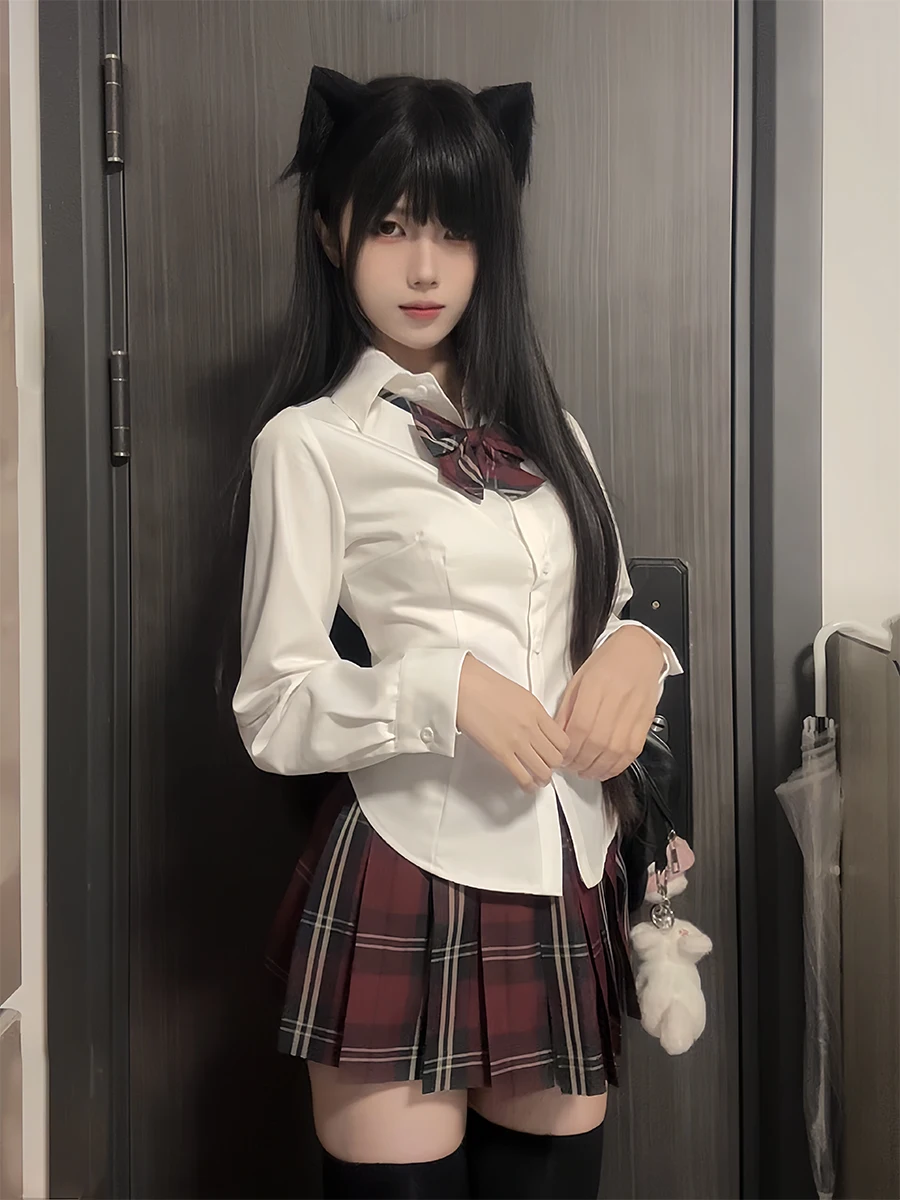 

Original Wild Deer JK orm ort Sve Slim Fit irt Waist Cinched Inner Wear Top Skirt Set College Sle Polyester Fiber