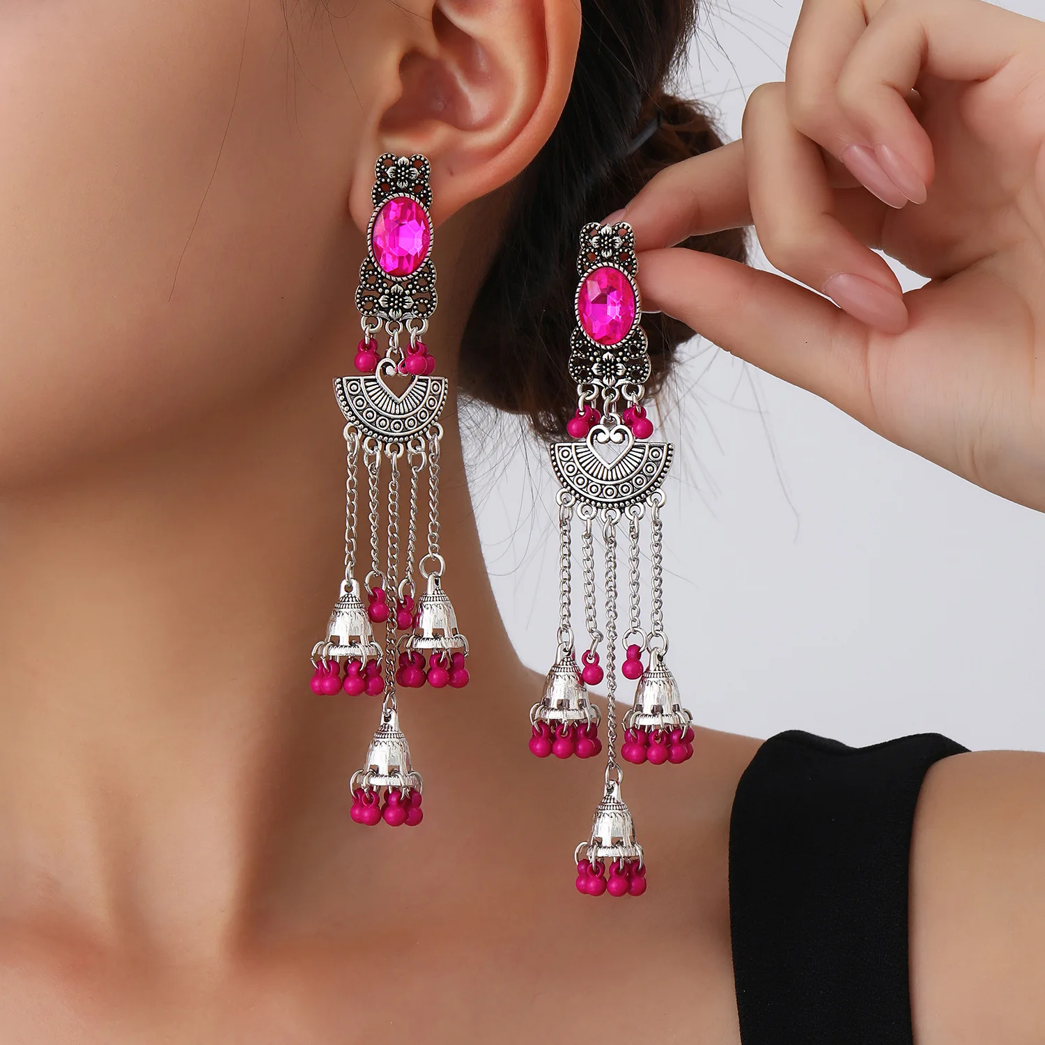 Ethnic Jhumka Long Drop Earrings For Women Vintage Fan Shaped Tassel Earrings Bohemian Gypsy Jhumki Indian Statement Jewelry