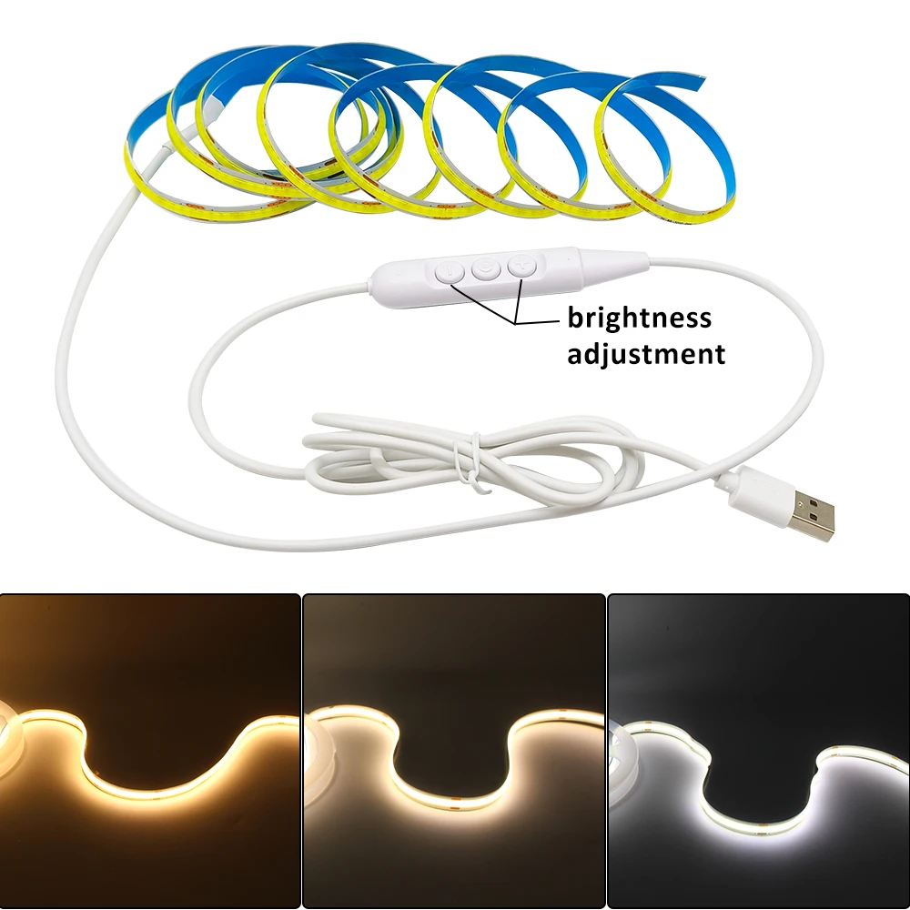 

5 В USB 320 светодиодов/м COB Светодиодная лента 1 м 2 м 3 м WW CW NW Гибкая лента с регулируемой яркостью ВКЛ/ВЫКЛ Подсветка телевизора Освещение шкафа