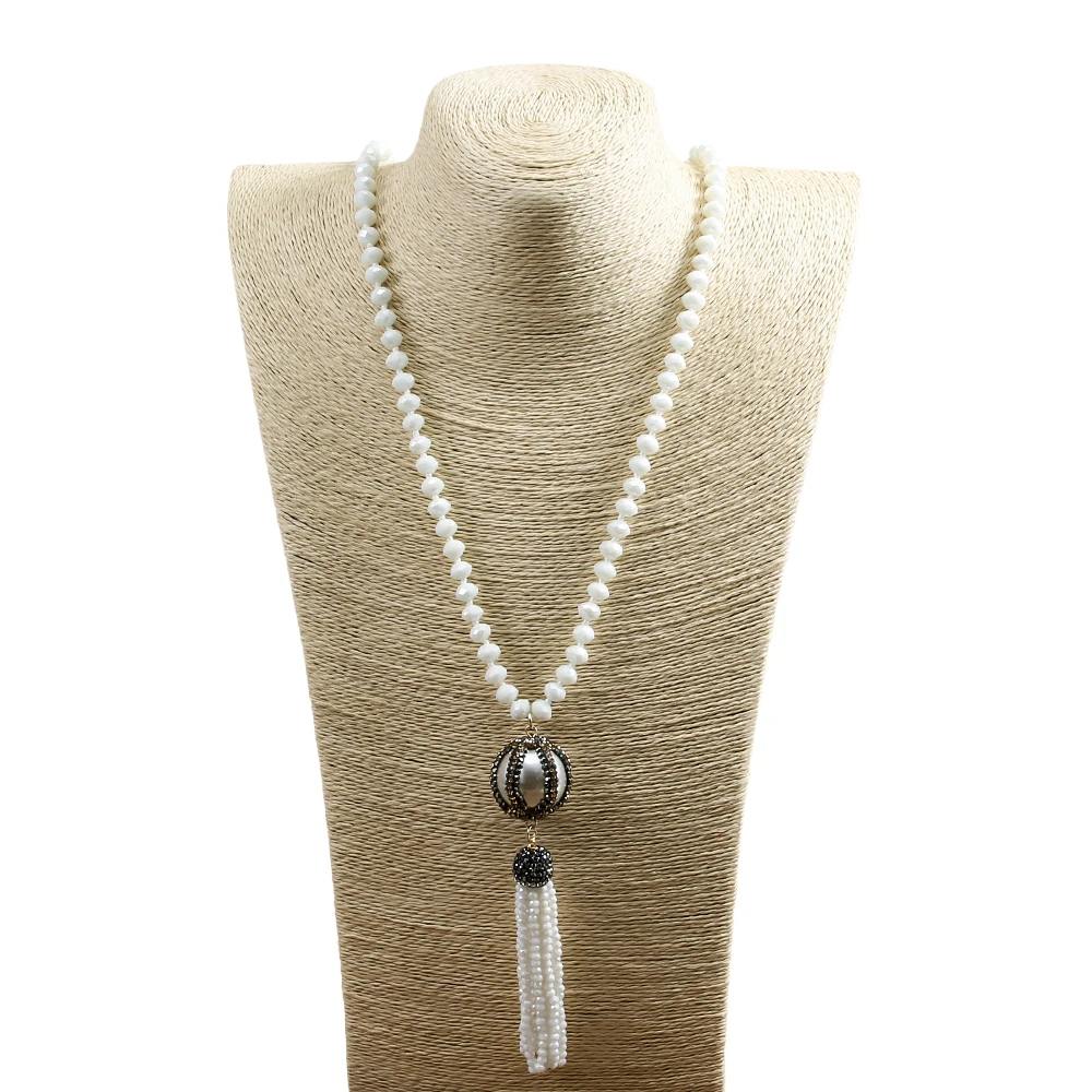 Fashion Bohemian Tribal Jewelry Black/White Crystal Glass Knotted Handmake Paved Big Ball and Tasse Necklaces