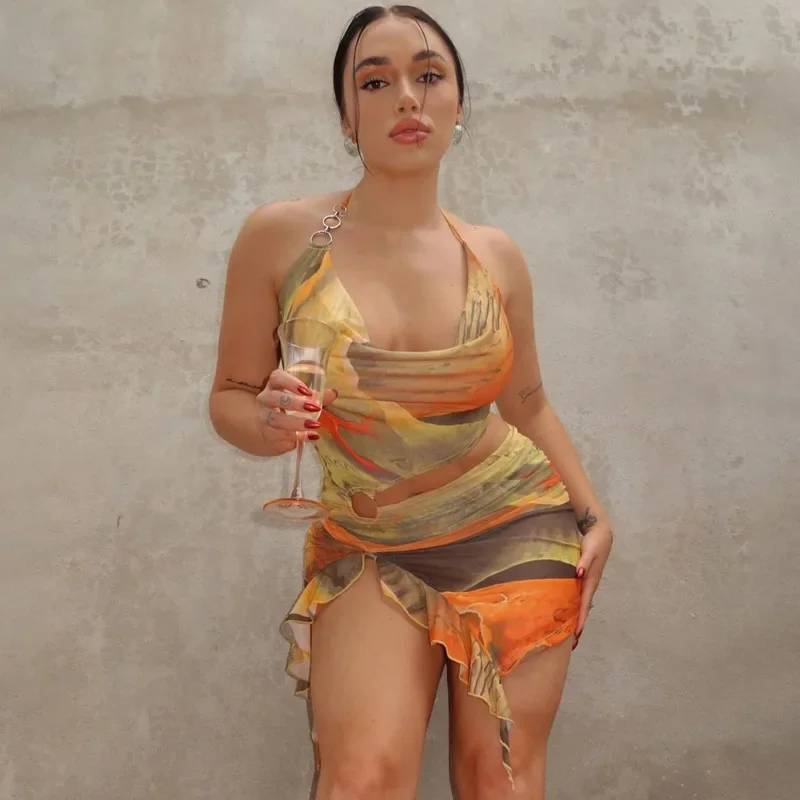Vendaje Halter Y2K estampado recortado Mini vestido con volantes mujeres Otoño Invierno Tie Dye espalda descubierta vestidos divididos trajes Sexy Fiesta Club