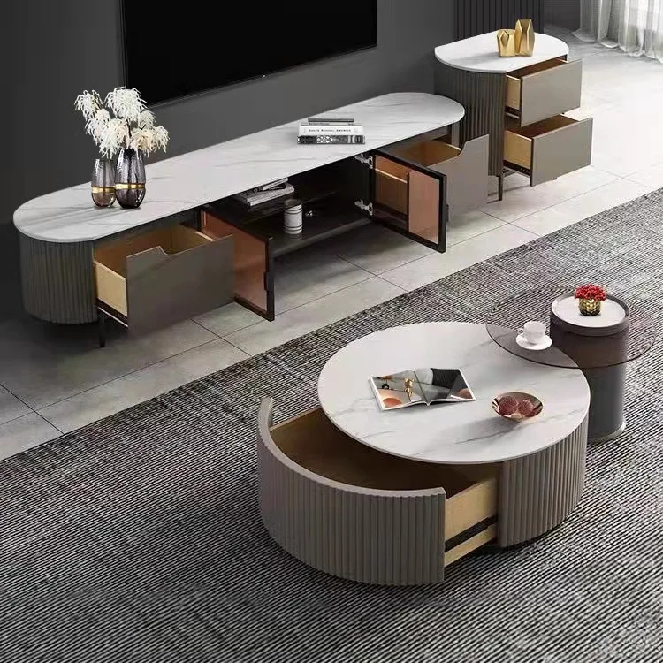 

New rock slab coffee table with glass drawers storage living room simple floor cabinet size round coffee table TV cabinet