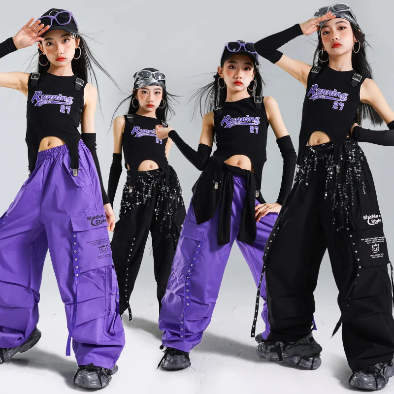 2025 Costumi di danza jazz per ragazze Gilet nero Pantaloni cargo Abbigliamento da ballo di strada Abbigliamento da ballo hip-hop per bambini
