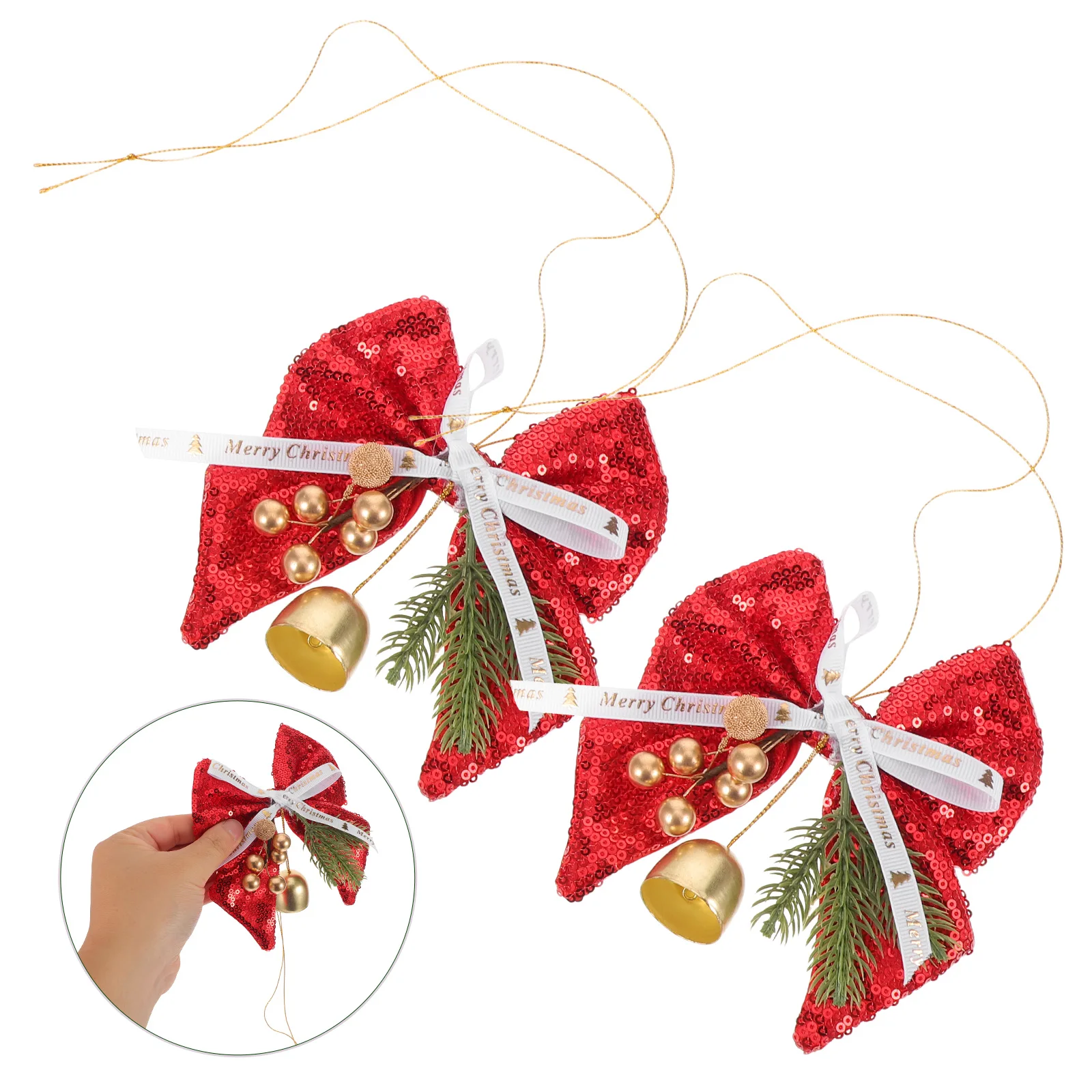 

2 Pcs Christmas Tree Decorative Pendant Lovers Polyester Hanging Bell Bow Decorations