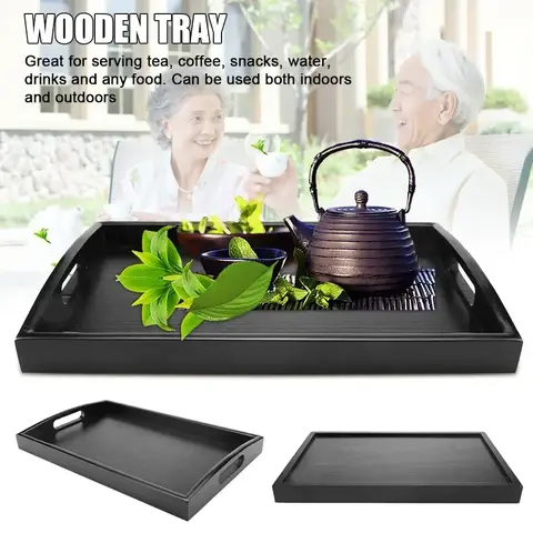 Wooden Pallet Serving Tray Large Black Wood Rectangle Food Tray Breakfast with Handles Kitchen Storage Tea Tray