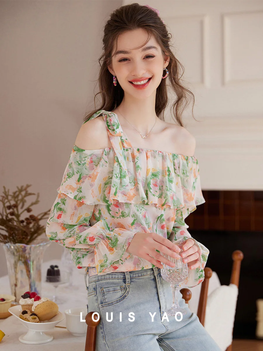 

LOUIS YAO 2025 Spring Floral Shirt Fashionable Romantic Slant Shoulder Lotus Leaf Edge Long Sleeve Women's Shirt