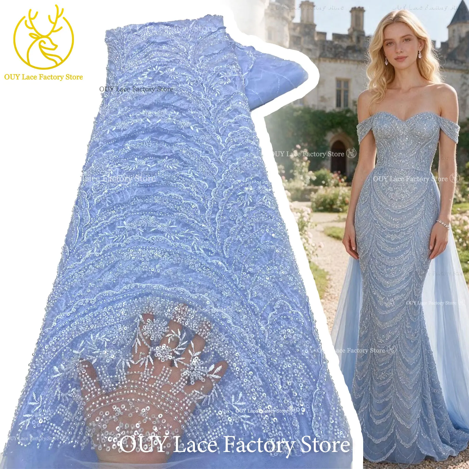 High-End Shiny Heavy Beaded Sheer Tulle Lace Fabric Luxury African Sequin Lace for Ladies Evening Banquet & Wedding Dress Making