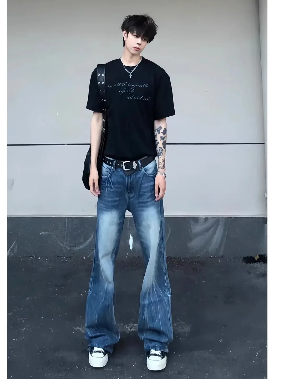 

Blue adient Lightning Pattern Men's Jeans Summer Waed Vintage Straight Leg American High Street Slimming Trousers
