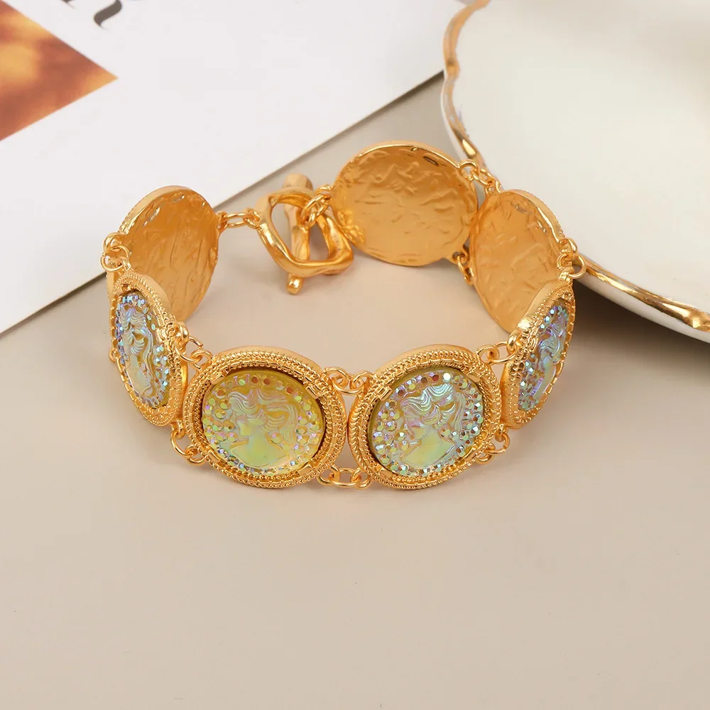 

Mid-Ancient Vintage Portrait Relief Bracelet Colored Glaze High-Grade Bracelet Palace Style Color-Preserving Bracelet
