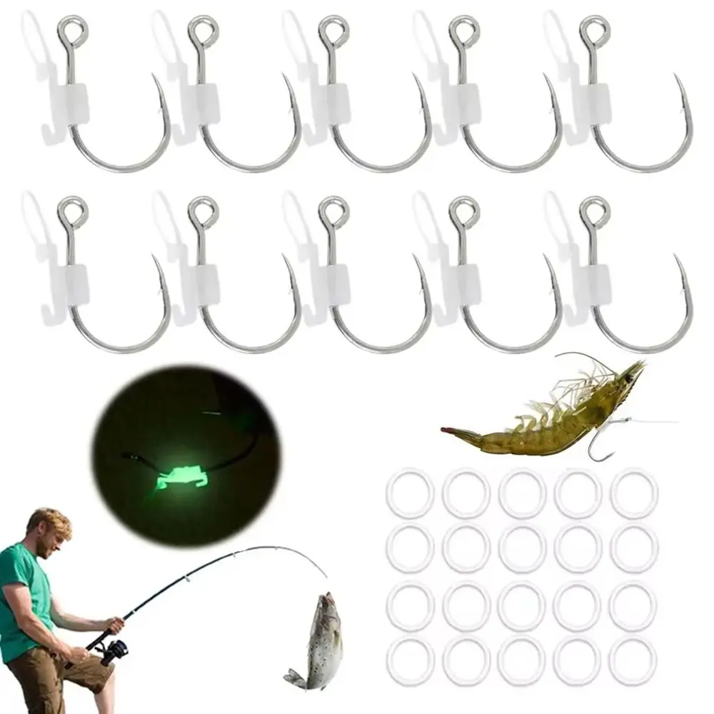 

10Pcs Heavy Duty Luminous Live Shrimp Fishing Hooks Perforated Design with Fixed Rubber Ring Sea Bass Carbon Steel Hook