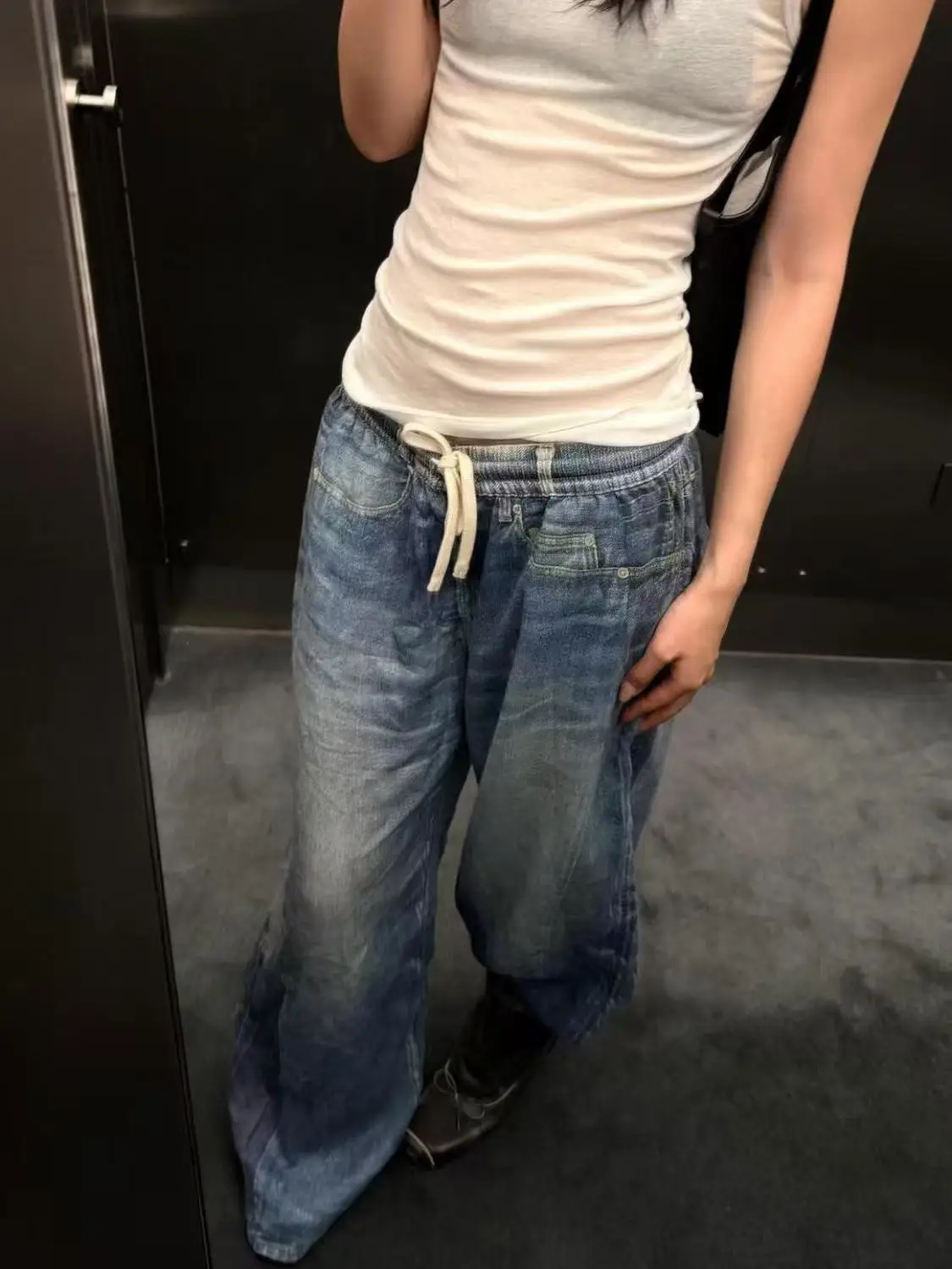 Women's Baggy Jean Punk Grunge Drawstring Denim Pants Boyfriend Y2K Japanese Harajuku Wide Fit Jeans American Retro Streetwear