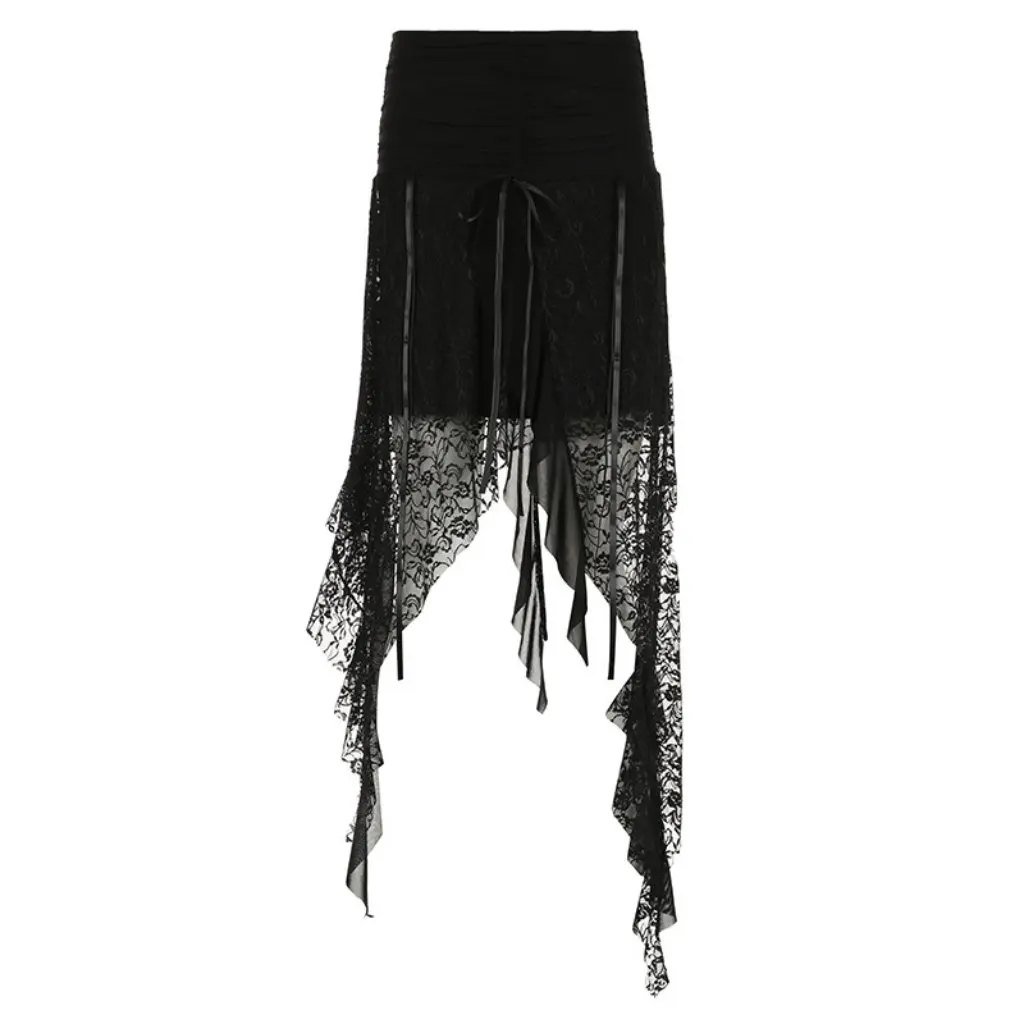 

Dark Style European And American Street Lace Ruffled Ribbon Skirt Low Waist Irregular Hem Women's Fashion Half Skirt