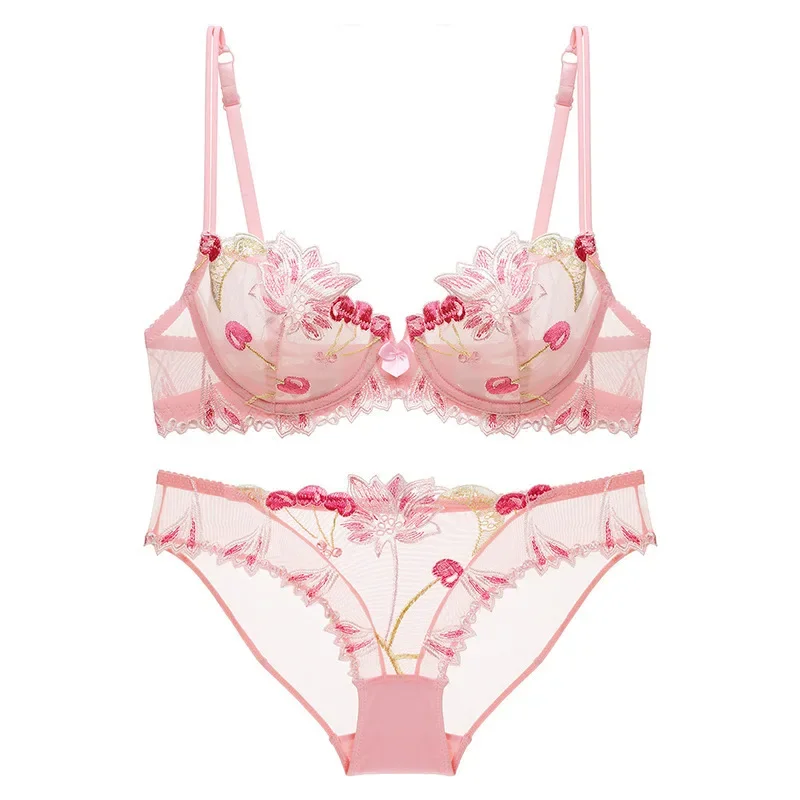 

Sexy Pure Desire Lace Bra Set Women French Small Chest Gathering Ultra Thin Underwear Female Romantic Embroidery Intimates Suit