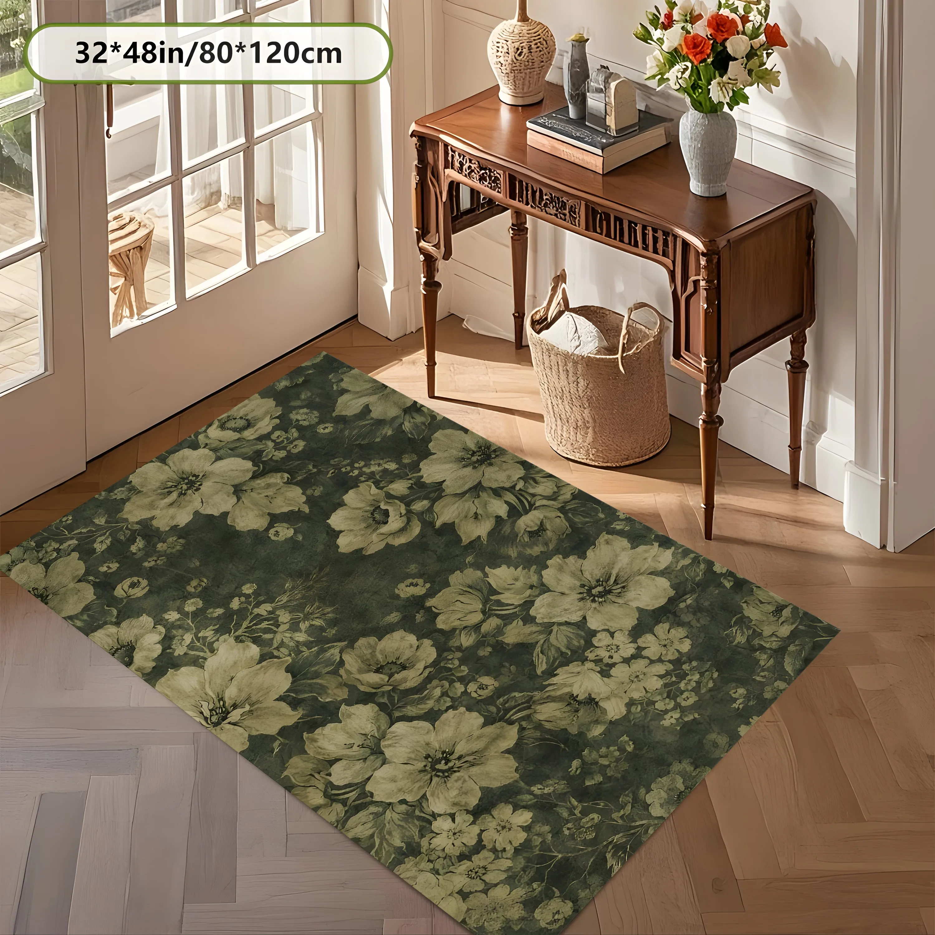 2D Carpet with Dark Background and Light Yellow Retro Floral Pattern in French Retro Style for Living Room and Bedroom